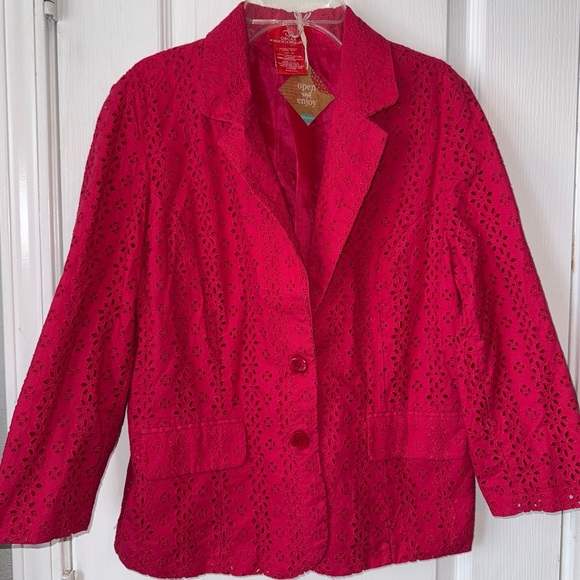 NWOT Oscar By Oscar de la Renta Pink Eyelet Buttoned Cotton Blazer Lined - Picture 1 of 9
